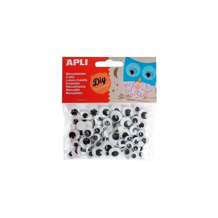 Pack De 5 Unidades Apli Ojos Móviles Negros Redondos Adhesivos Tamaños Surtidos -Bolsa 100u-