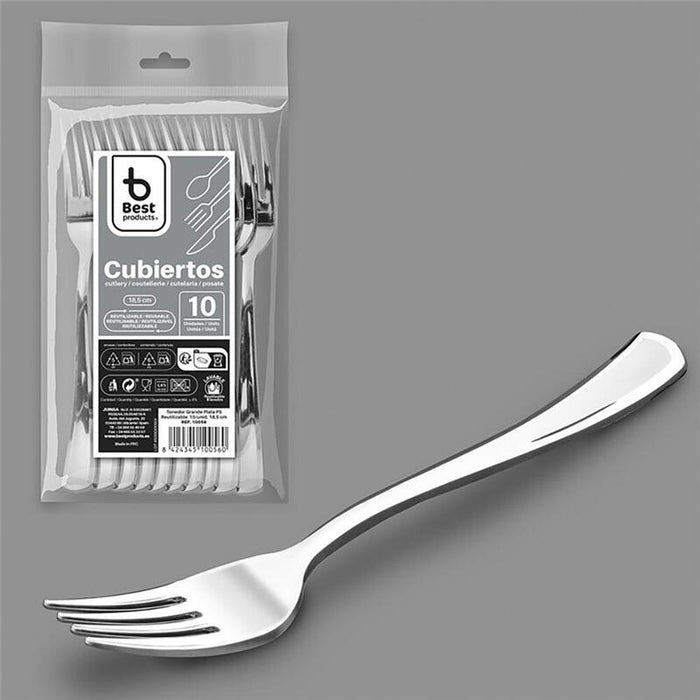 Pack De 6 Unidades - Tenedor Reutilizable Color Plata 18,5 Cm, 10 Uds