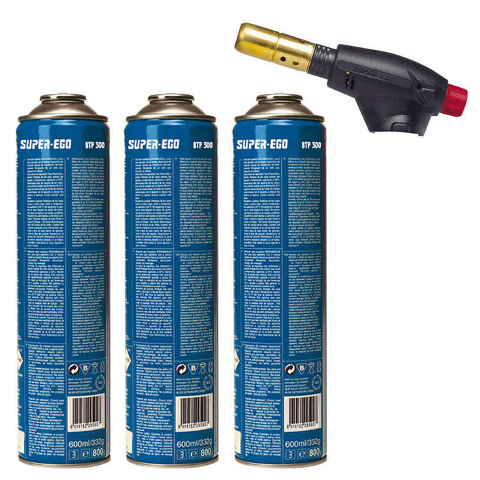 Pack Soplete Segofire Piezo + 3 Botellas. Multigas 300 600ml Super Ego
