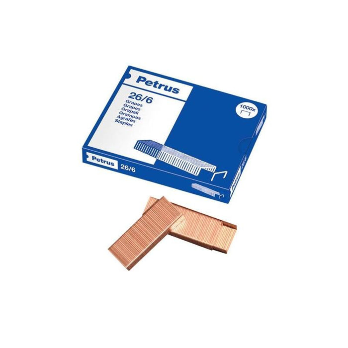 Petrus Caja De 1000 Grapas 26/6 Cobreadas - Hasta 30 Hojas - Patilla De 6mm