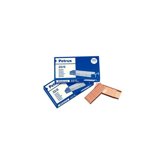 Petrus Pack De 4 Cajas De 1000 Grapas 22/6 Cobreadas - Hasta 30 Hojas - Patilla De 6mm