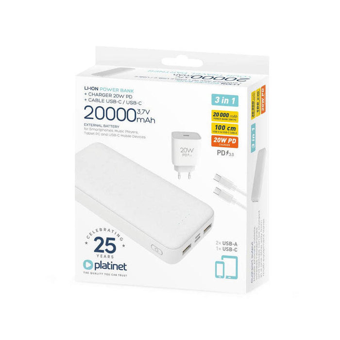 Platinet Power Bank 20.000mah + 20w Pd Cargador + Cable 1m Blanco
