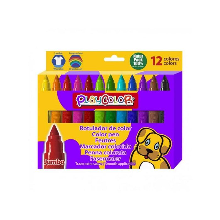 Playcolor Jumbo Basic Pack De 12 Rotuladores De Punta Gruesa Extrasuave - Fiable Y Seguro - Punta Bloqueada - Capuchon