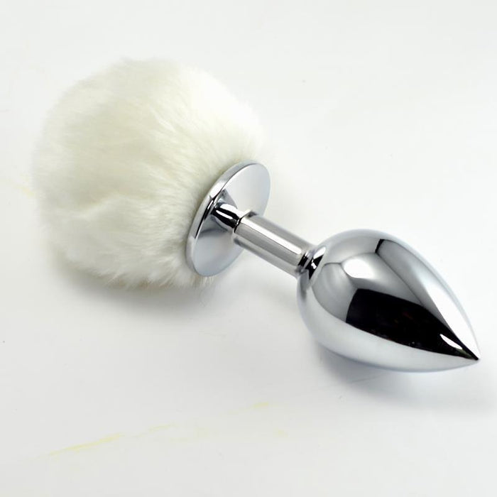 Plug Anal De Metal Con Pompon Blanco Talla S