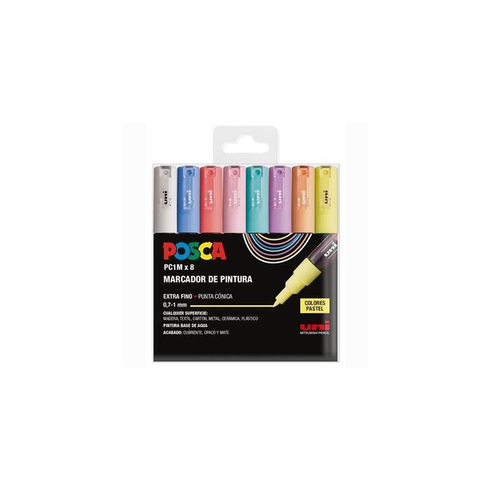 Posca Estuche Basic Pc-1m/8c No Permanente Punta Fina 0.9mm-1.3mm C/Surtidos Pastel -8u-