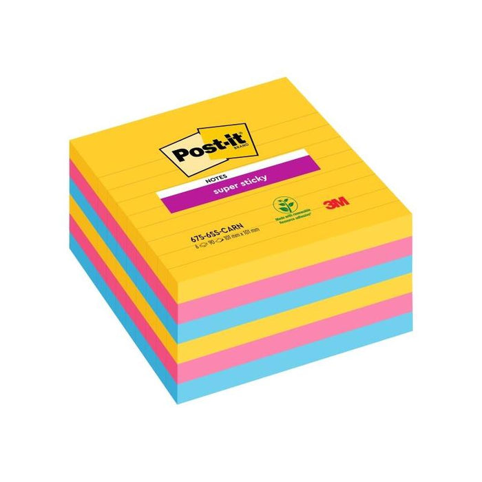 Post-It Super Sticky Pack De 6 Blocs De 90 Notas Adhesivas Reposicionables - Forma Cuadrada - 101x101mm - Colores