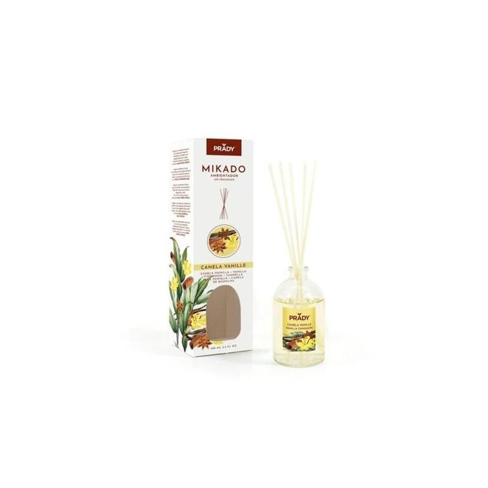 Prady Ambientador Mikado Canela Vanille - Frasco De Cristal 100 Ml Y Varitas Difusoras