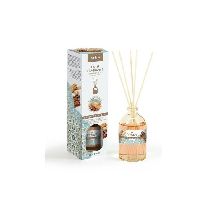 Prady Ambientador Mikado Sandalo Y Canela - Frasco De Cristal 100ml Y Varitas Difusoras