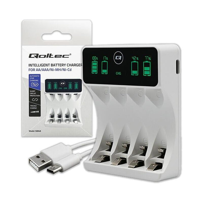 Qoltec 50848 Battery Charger For Ni-Mh Type R03 Aaa R6 Aa Lcd Usb-C Cable White