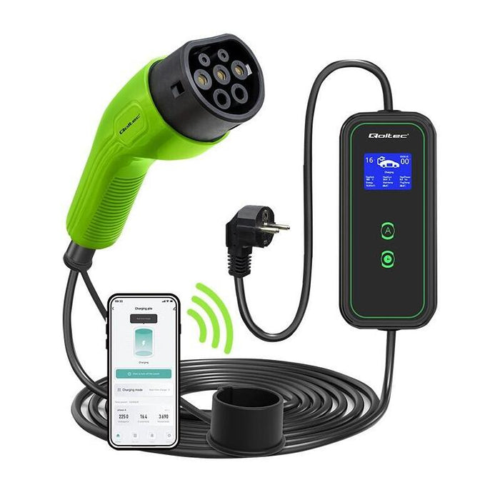 Qoltec 52476 Mobile Ev Charger With Adjustable 2in1 Type2 3.5kw 230v Wifi Lcd Portable Wallbox 5m