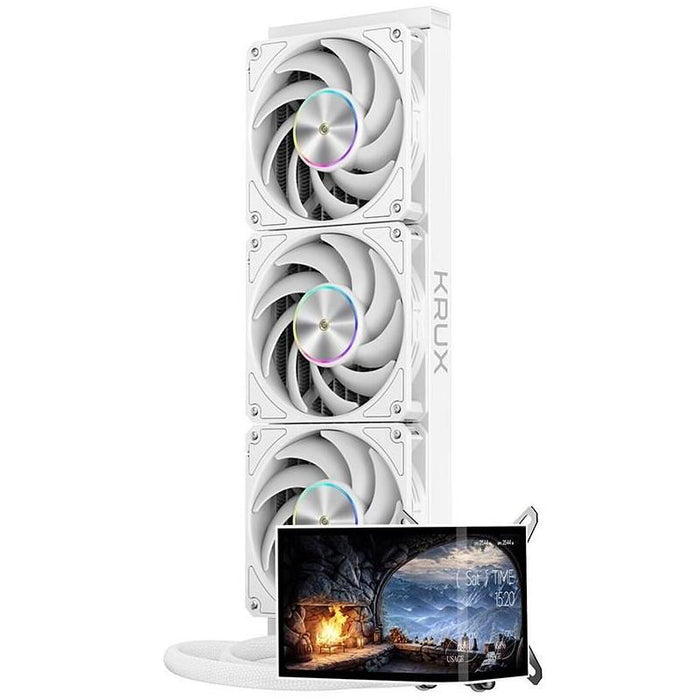 Refrigeración Liquida Cpu Krux Hydroarc 360 White Aio - Cpu  Pantalla Ips De 6,8" 120 Hz, 3 Ventiladores Argb Pwm De 120 Mm, Radiador De 360 Mm, Usb-C, Intel Amd, Rgb, Enfriador De Cpu Blanco