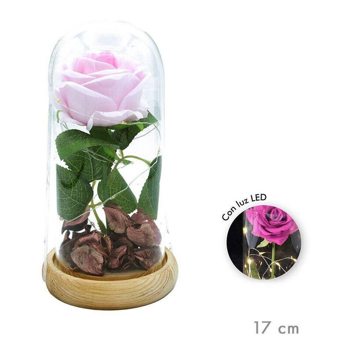 Rosa Eterna Artificial Led Cúpula Cristal 17 Cm, Color Rosa