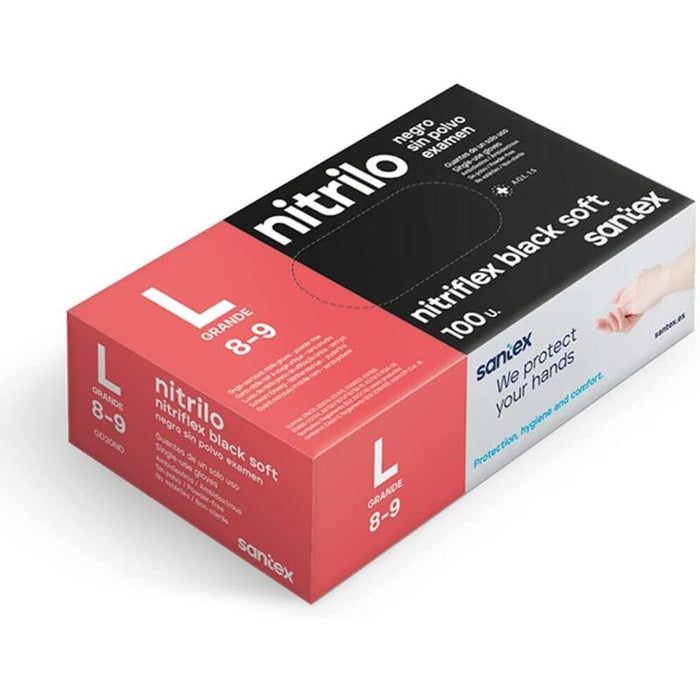 Santex Nitriflex Black Soft Pack De 100 Guantes De Nitrilo Para Examen Talla L - Sin Polvo - Libre De Latex - Ambidiestros - No Esteriles - Color Negro