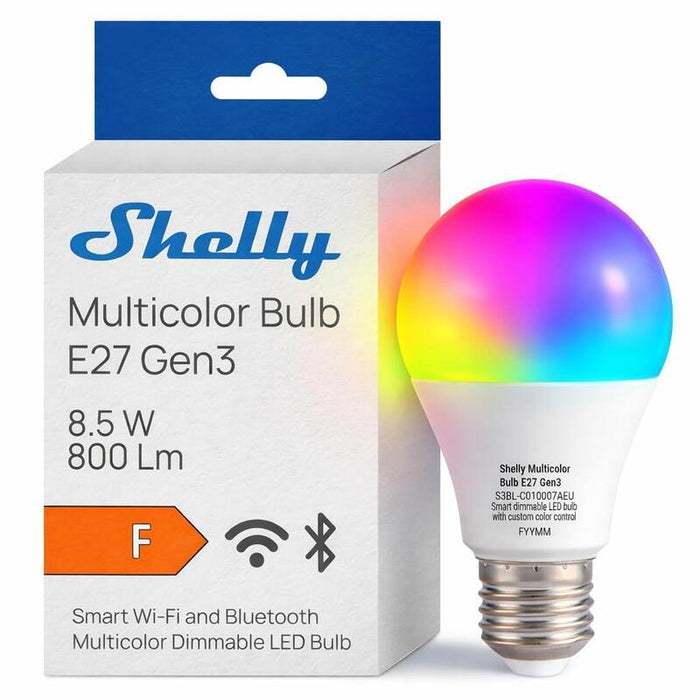Bombilla Led Inteligente Shelly Multicolor Bulb E27 Gen3 Multicolor Wi-Fi Y Bluetooth, Modos Color Rgbw Y Blanco Regulable 2700k6500k, 800 Lm, 8,5 W, Medición De Consumo, Alexa, Google Home