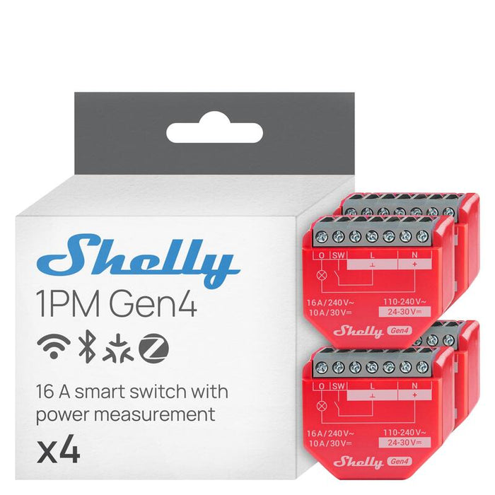 Shelly Relé "1pm Gen4 Pack De 4" Max 16a 1 Canal Función De Medición Wlan Matter Zigbee Bluetooth