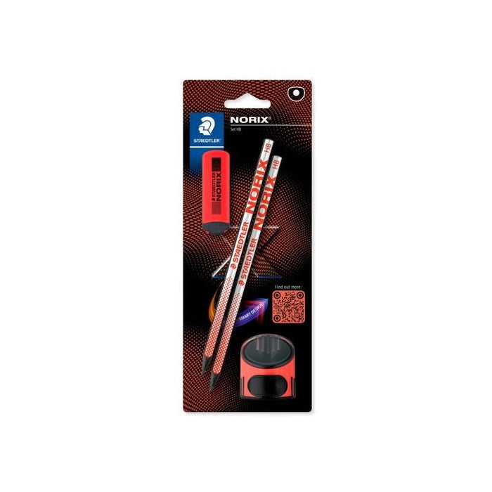 Staedtler Norix Pack De 2 Lapices De Grafito Hb + Borrador + Sacapuntas - Madera Negra - Diseã±O Inteligente