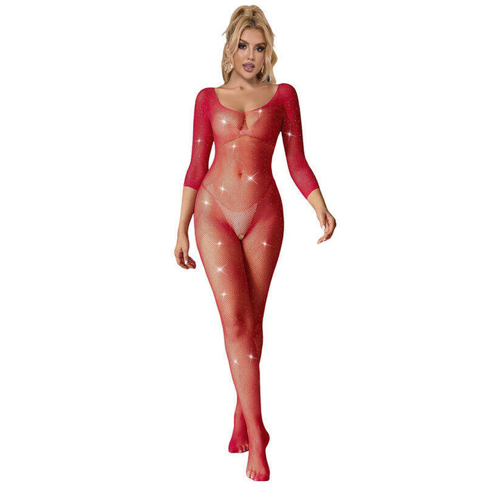 Subblime - 952419 Bodystocking De Rejilla Con Diamantes Manga Larga Rojo Talla Única