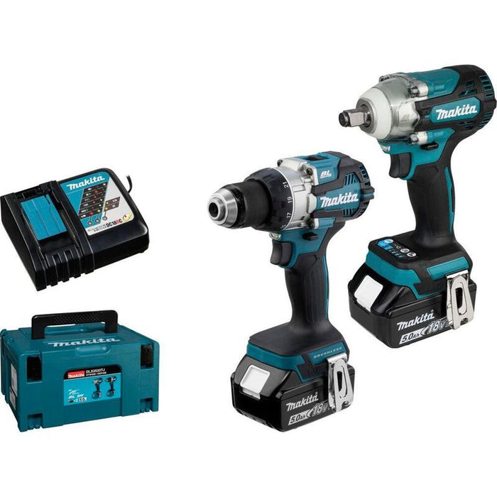Taladro Inalámbrico Kit Combinado De Batería Makita Dlx2533tj, Ddf489z + Llave De Impacto Inalámbrica Dtw300z, 18 Voltios Azul/Negro, 2 Baterías De Iones De Litio De 5,0 Ah, Makpac Dlx2533tj