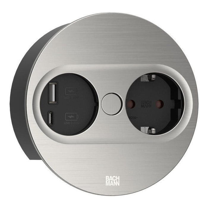 Toma De Corriente Empotrable Bachmann Twist 2, Redonda, De 2 Vías, Cargador Usb De Acero Inoxidable, 1 Contacto De Protección, 1 Usb-A, 1 Usb-C 946004
