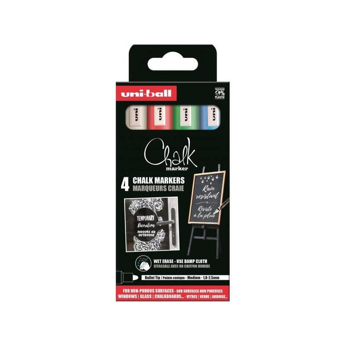 Uni-Ball Pwe-5m Pack De 4 Marcadores De Tiza Liquida - Punta Conica 1.8-2.5mm - Borrado En Humedo - Resistente A La