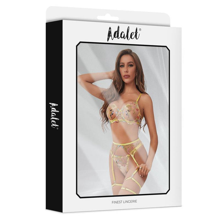 Zoey Set Sujetador, Tanga, Liguero Y Ligas Amarillo Floral Talla (Interno):L/Xl